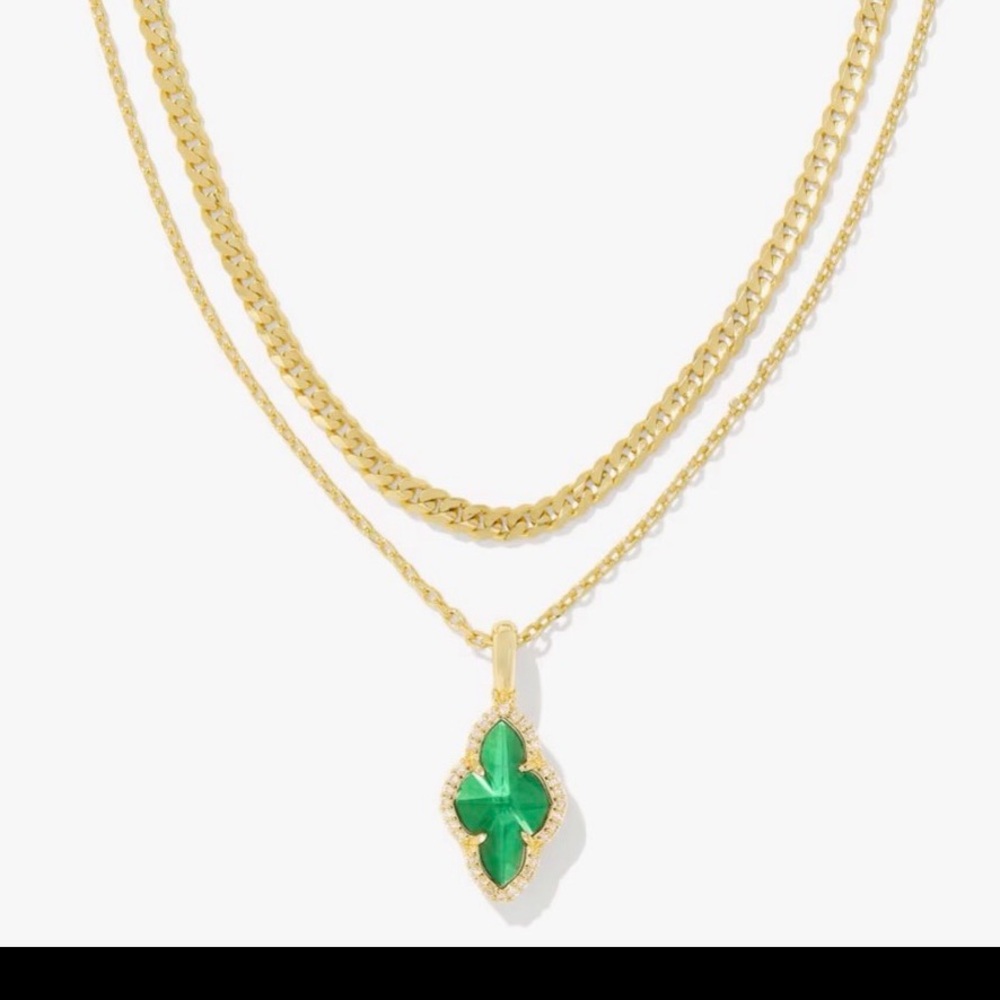 Kendra Scott Abbie Gold Pave Frame Multi Strand Necklace with Green Pendant